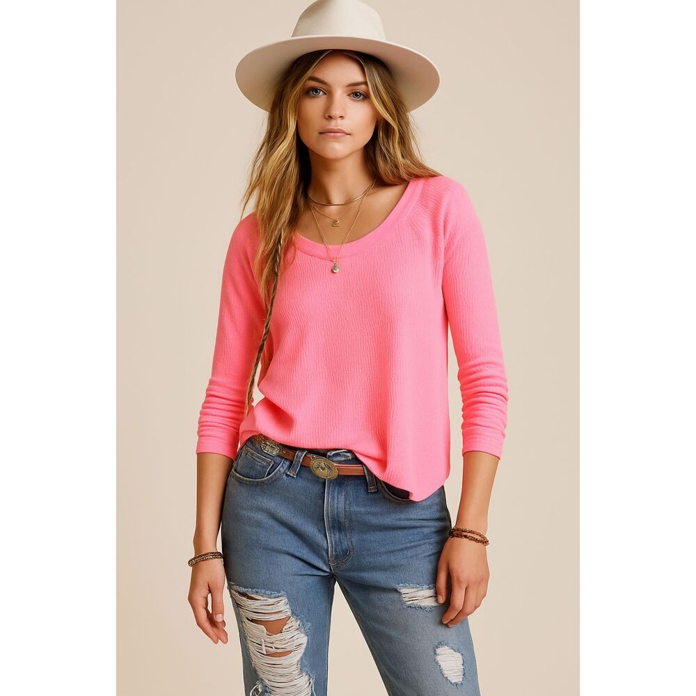 Free People WE THE FREE Pink Waffle Knit Scoop Neck Thermal Top Women's Size XS